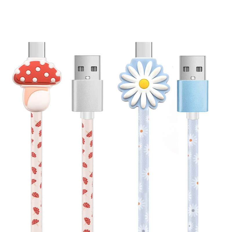 Suitable for Android Apple type-c Huawei PU printed leather mushroom flower cartoon doll mobile phone data cable