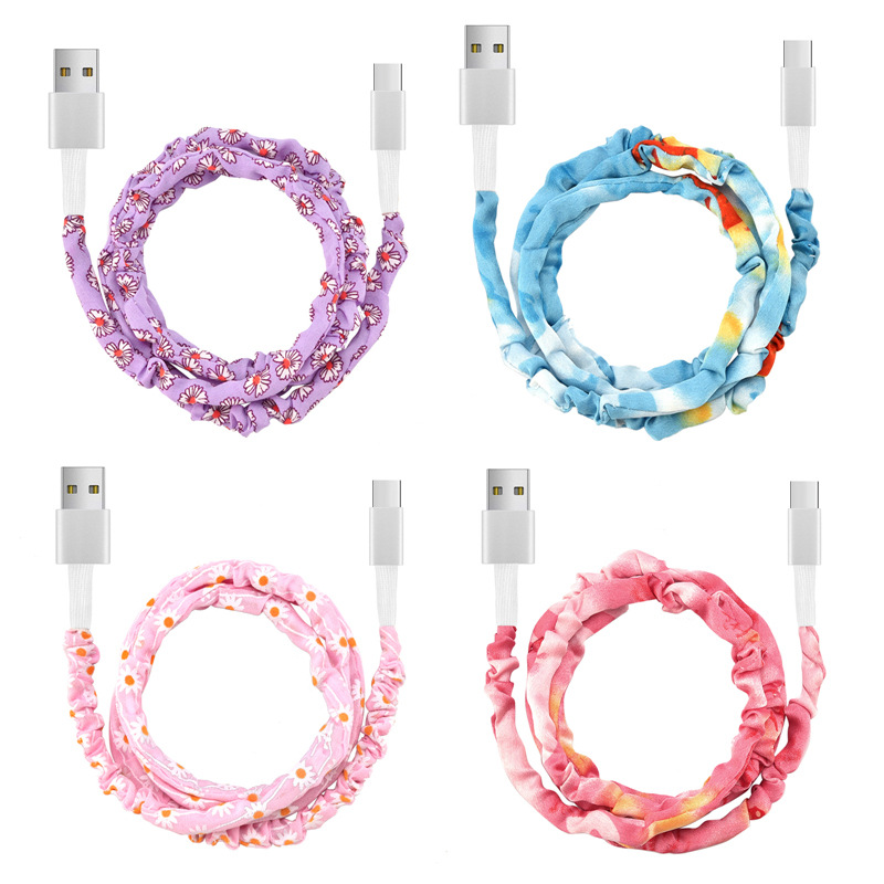 Applicable to Android Apple type-c Huawei fashion color pleated chiffon cloth data cable hair circle data cable