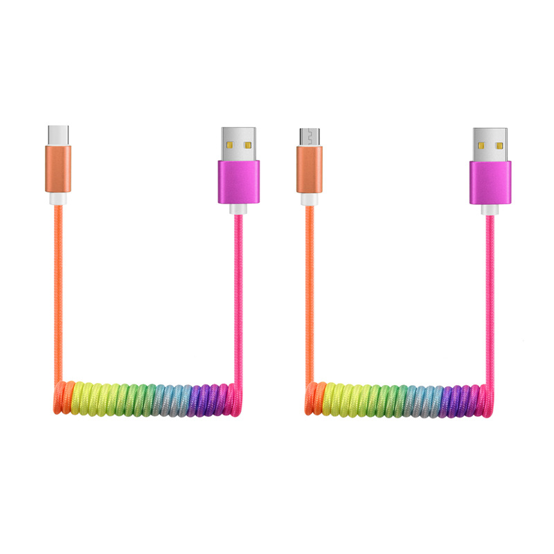 Rainbow segment dyeing braided slingshot cable for Android Apple type-c Huawei TPU spring braided data cable